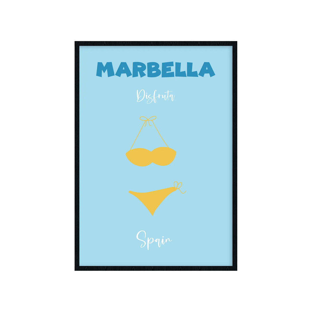 Cuadro decorativo azul con letras y un bikini