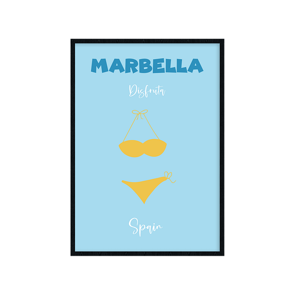 Cuadro decorativo azul con letras y un bikini